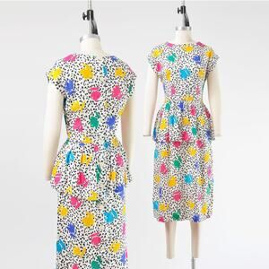 Vintage 80s Colorful Abstract Print Peplum Waist Midi Dress size S